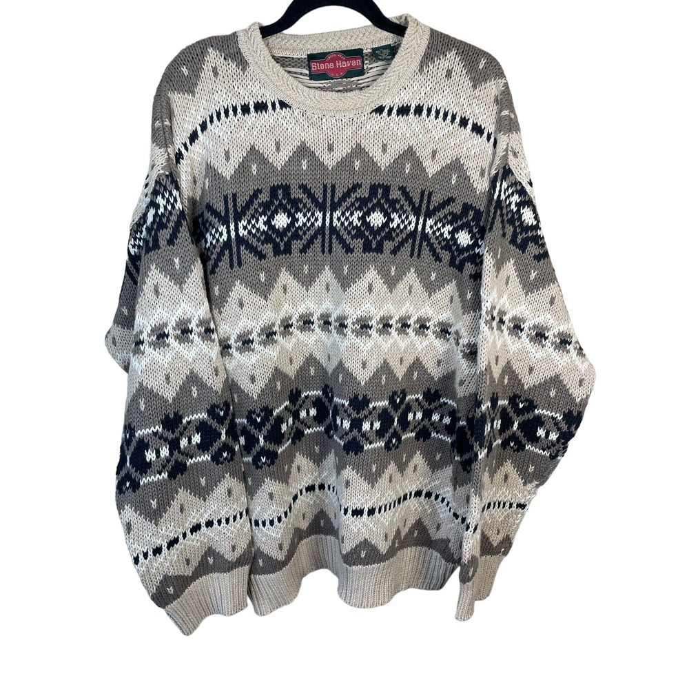 VINTAGE Stone Haven Sweater Mens Size XL Grandpa Fair Isle Heavy Cream 90s
